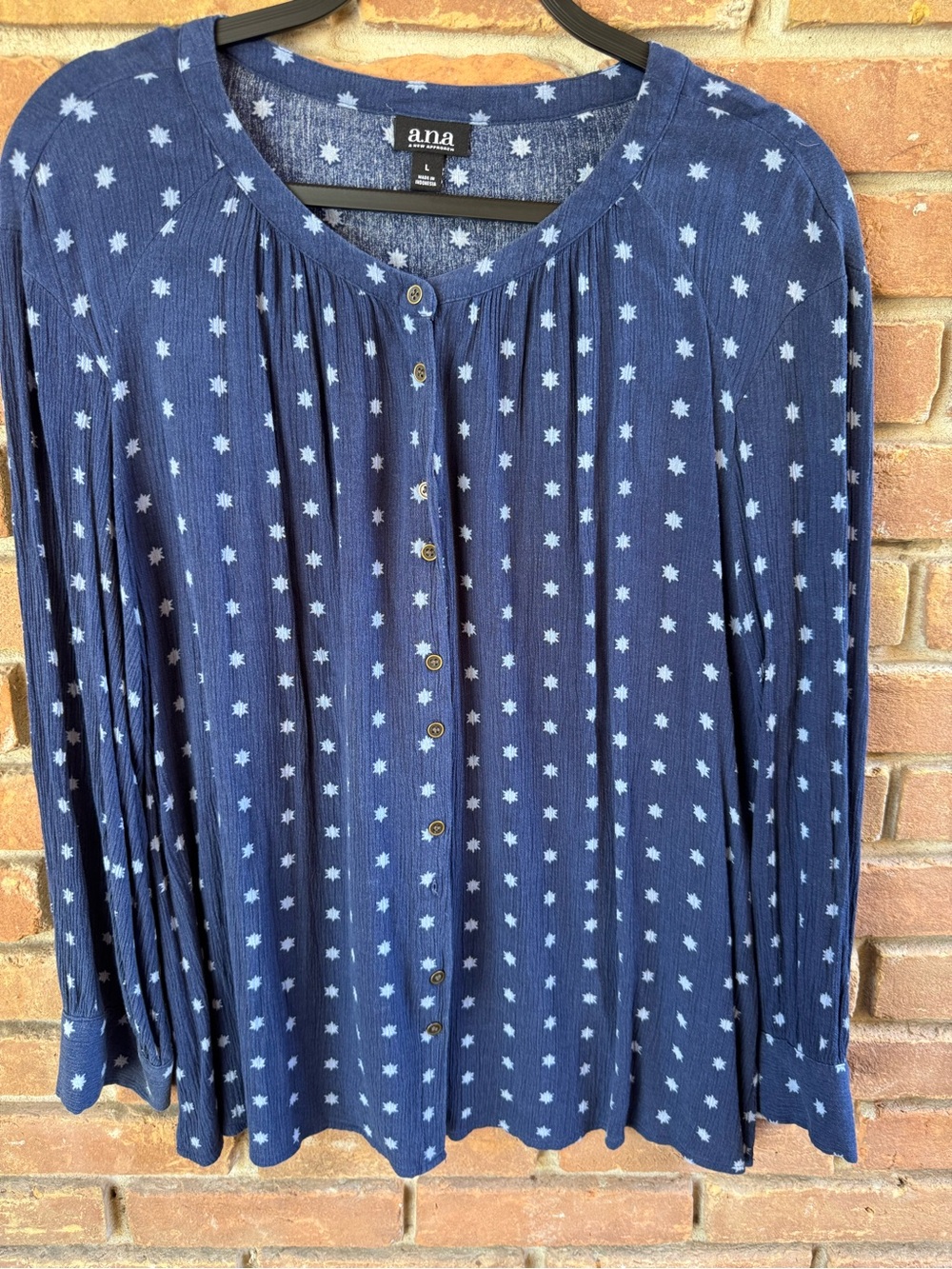 a.n.a Navy Blue Button-Front Star Print Shirt